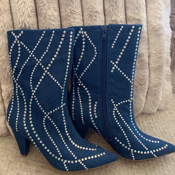 Blue Denim Jeweled Boots - Picture 1 of 4